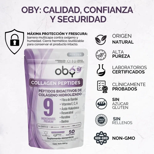 OBY Colageno Hidrolizado Puro Polvo Sin sabor 500 gr | con Acido Hialuronico, Vitaminas, Biotina, Keratina, Resveratrol y Fibra Bambu oby.mx