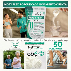 Moby Flex Colageno Hidrolizado Blend (Tipo I, II ,III y marino) + Glucosamina y Condroitina | fortalecido Calcio, Zinc, Vitamina D3 y C | 11 Ingredientes Naturales | Alta Biodisponibilidad | 500g Sin Sabor oby.mx
