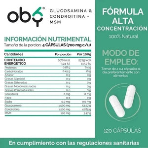 OBY Glucosamina, Condroitina + MSM | 120 cápsulas $̶6̶5̶9̶.̶0̶0̶ oby.mx