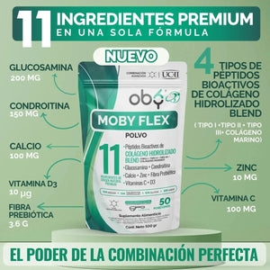 Moby Flex Colageno Hidrolizado Blend (Tipo I, II ,III y marino) + Glucosamina y Condroitina | fortalecido Calcio, Zinc, Vitamina D3 y C | 11 Ingredientes Naturales | Alta Biodisponibilidad | 500g Sin Sabor oby.mx