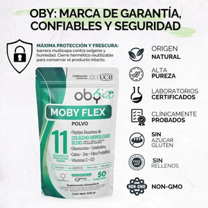 Moby Flex Colageno Hidrolizado Blend (Tipo I, II ,III y marino) + Glucosamina y Condroitina | fortalecido Calcio, Zinc, Vitamina D3 y C | 11 Ingredientes Naturales | Alta Biodisponibilidad | 500g Sin Sabor oby.mx