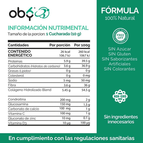 Moby Flex Colageno Hidrolizado Blend (Tipo I, II ,III y marino) + Glucosamina y Condroitina | fortalecido Calcio, Zinc, Vitamina D3 y C | 11 Ingredientes Naturales | Alta Biodisponibilidad | 500g Sin Sabor oby.mx