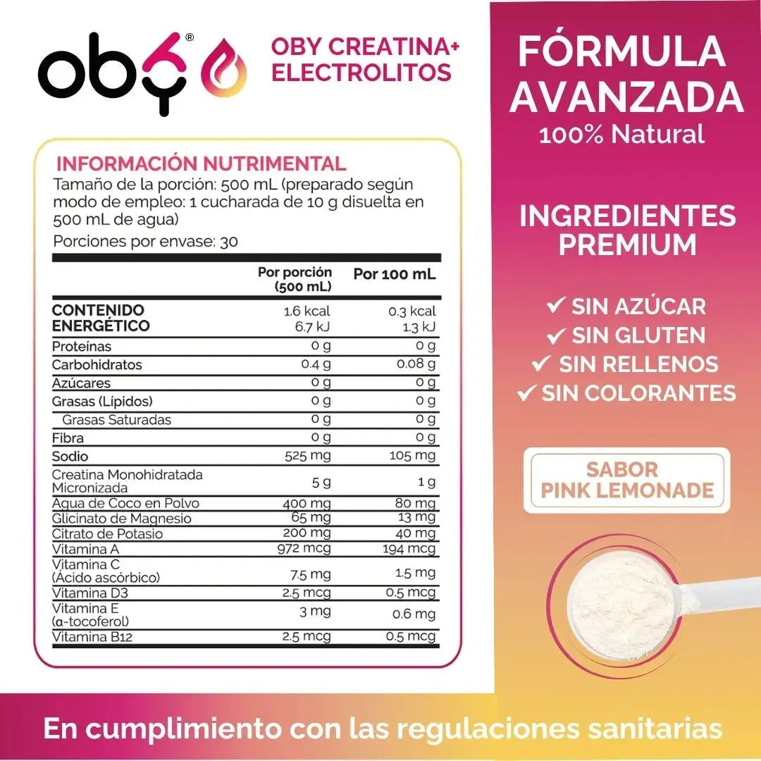 Creatina Monohidratada con Electrolitos | 100% Alta Pureza Micronizada | Glicinato de Magnesio + Vitaminas A, B12, C, D | Suplemento Alimenticio | Oby Pink Lemonade | 30 Porciones oby.mx