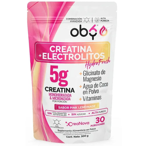 Creatina Monohidratada con Electrolitos | 100% Alta Pureza Micronizada | Glicinato de Magnesio + Vitaminas A, B12, C, D | Suplemento Alimenticio | Oby Pink Lemonade | 30 Porciones oby.mx