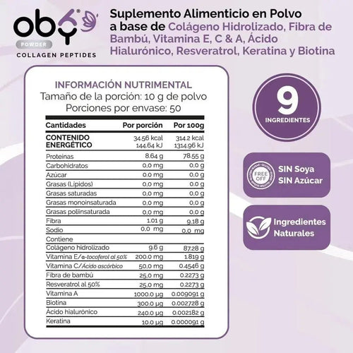 OBY Colageno Hidrolizado Puro Polvo Sin sabor 500 gr | con Acido Hialuronico, Vitaminas, Biotina, Keratina, Resveratrol y Fibra Bambu $̶7̶4̶9̶.̶0̶0̶ oby.mx
