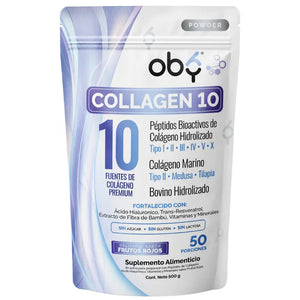 Colageno Hidrolizado 10 Tipos | OBY Collagen 10 Polvo 500g | Frutos Rojos oby.mx
