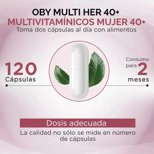 OBY MULTI HER +40 AÑOS. Multivitaminico MUJER, 18 ingredientes: Isoflavonas de Soya, Onagra, Ñame, Vitaminas y Minerales. 120 caps. MENO & PRE-MENO oby.mx