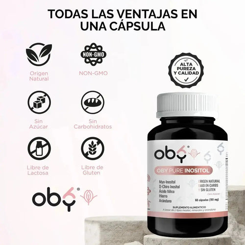 OBY Pure Inositol con Myo y D-Chiro Inositol + Ácido Fólico, Hierro y Extracto Arándano | Capsulas $̶3̶9̶9̶.̶0̶0̶ oby.mx