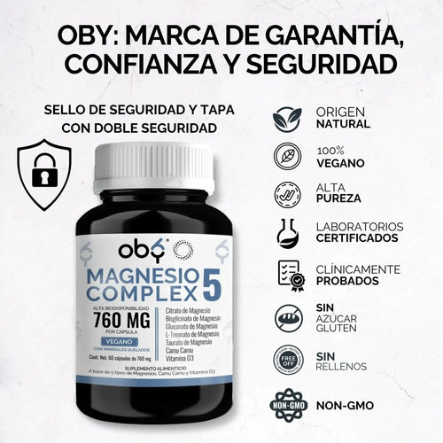 Oby 5 Magnesio Complex 60 capsulas 760mg oby.mx