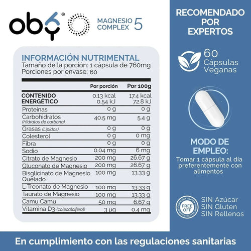 Oby 5 Magnesio Complex 60 capsulas 760mg oby.mx