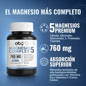 Magnesio Complex 5 | 5 tipos de magnesio premium | Alta Biodisponibilidad | 180 cápsulas oby.mx