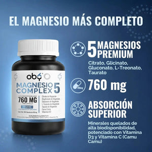 Magnesio Complex 5 | 5 tipos de magnesio premium | Alta Biodisponibilidad | 180 cápsulas oby.mx