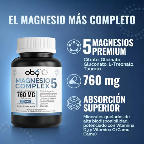 Magnesio Complex 5 | 5 tipos de magnesio premium | Alta Biodisponibilidad | 180 cápsulas oby.mx