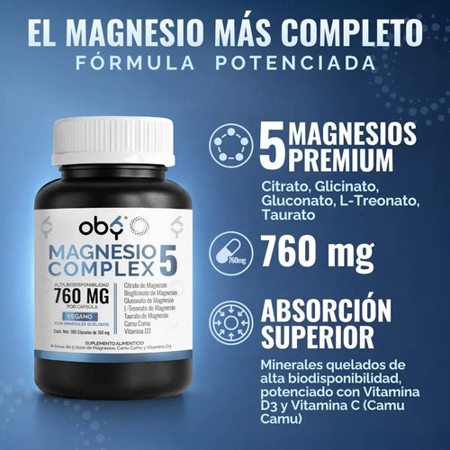 Oby 5 Magnesio Complex 180 capsulas 760mg oby.mx