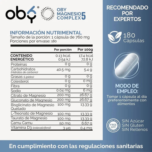 Oby 5 Magnesio Complex 180 capsulas 760mg oby.mx