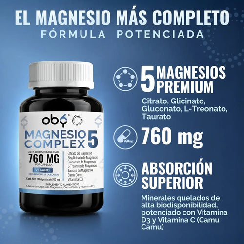 Magnesio Complex 5 OBY | 5 Tipos de Magnesios Premium | Alta Biodisponibilidad | 60 Cápsulas oby.mx