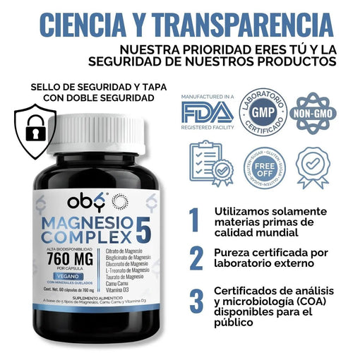 Magnesio Complex 5 OBY | 5 Tipos de Magnesios Premium | Alta Biodisponibilidad | 60 Cápsulas oby.mx