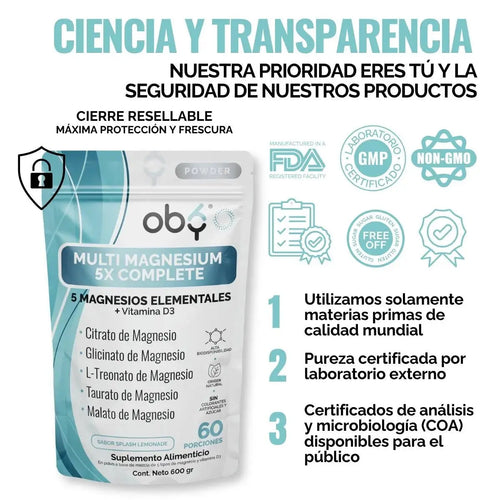 Magnesio Complex 5 Polvo | 5 Magnesios + Vitamina D3 |Sabor Lemonade | 600g oby.mx