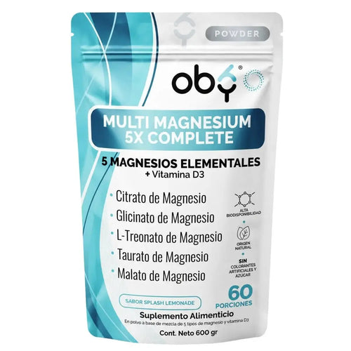 Magnesio Complex 5 Polvo | 5 Magnesios + Vitamina D3 |Sabor Lemonade | 600g oby.mx