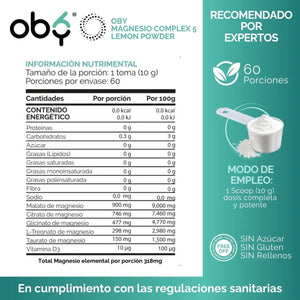 Magnesio Complex 5 Polvo | 5 Magnesios + Vitamina D3 |Sabor Lemonade | 600g oby.mx