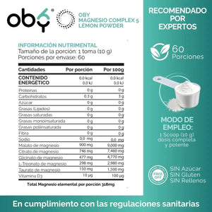 Magnesio Complex 5 Polvo | 5 Magnesios + Vitamina D3 |Sabor Lemonade | 600g oby.mx