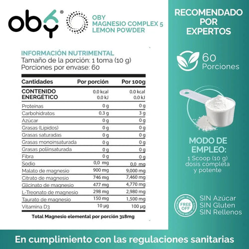 Magnesio Complex 5 Polvo | 5 Magnesios + Vitamina D3 |Sabor Lemonade | 600g oby.mx