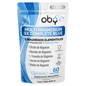 Magnesio Complex 5 en Polvo OBY | Citrato, Glicinato, Treonato, Taurato y Malato | Con Espirulina Azul, D3 y B12 | 600g oby.mx