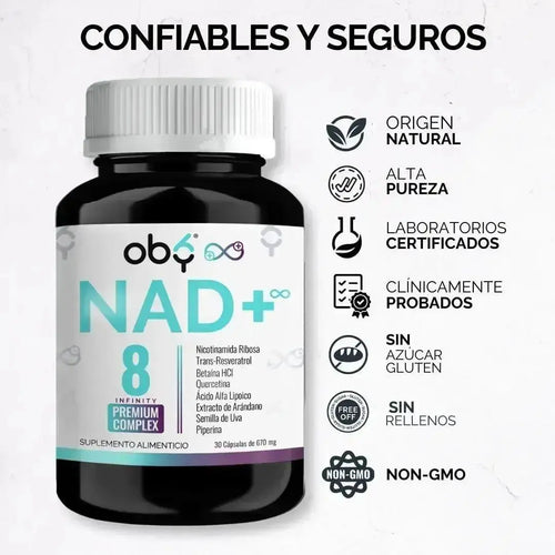 OBY NAD+ Infinity | Potenciado 8 Ingredientes: Nicotinamida Ribosa, Resveratrol | 100% Vegano | 30 Caps ̶$̶̶8̶9̶9̶ oby.mx