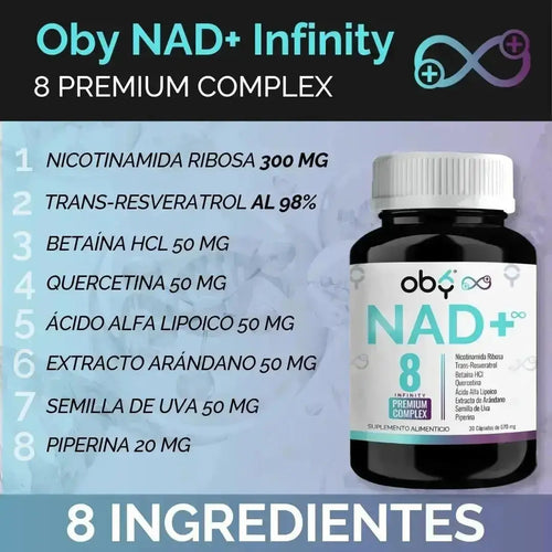 OBY NAD+ Infinity | Potenciado 8 Ingredientes: Nicotinamida Ribosa, Resveratrol | 100% Vegano | 30 Caps ̶$̶̶8̶9̶9̶ oby.mx
