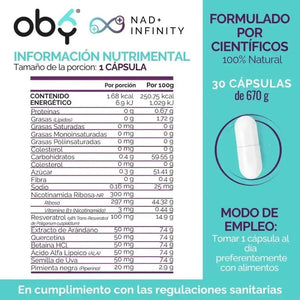 OBY NAD+ Infinity | Potenciado 8 Ingredientes: Nicotinamida Ribosa, Resveratrol | 100% Vegano | 30 Caps ̶$̶̶8̶9̶9̶ oby.mx