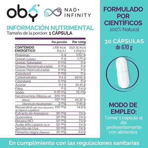 OBY NAD+ Infinity | Potenciado 8 Ingredientes: Nicotinamida Ribosa, Resveratrol | 100% Vegano | 30 Caps ̶$̶̶8̶9̶9̶ oby.mx