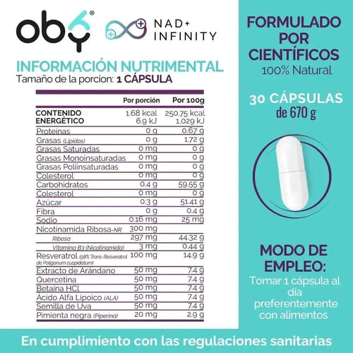 OBY NAD+ Infinity | Potenciado 8 Ingredientes: Nicotinamida Ribosa, Resveratrol | 100% Vegano | 30 Caps ̶$̶̶8̶9̶9̶ oby.mx