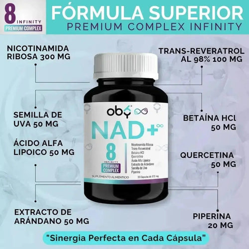 OBY NAD+ Infinity | Potenciado 8 Ingredientes: Nicotinamida Ribosa, Resveratrol | 100% Vegano | 30 Caps ̶$̶̶8̶9̶9̶ oby.mx