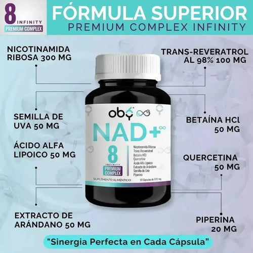 OBY NAD+ Infinity | Potenciado 8 Ingredientes: Nicotinamida Ribosa, Resveratrol | 100% Vegano | 30 Caps ̶$̶̶8̶9̶9̶ oby.mx