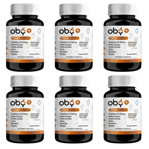 Pack de 6 frascos: Proby Digest | 60 billones Probioticos y Prebioticos inulina Agave, Enzimas, Fibra, Carbon Activado | 60 Cápsulas Fast Bundle