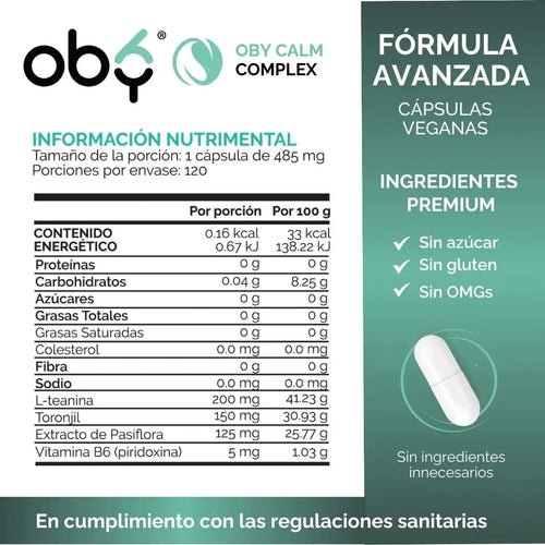 L-Teanina con Pasiflora, Toronjil y Vitamina B6 | Oby Calm Complex | 120 Capsulas oby.mx