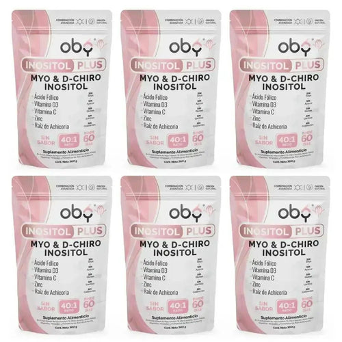 Pack de 6 Pouch: Oby Inositol Plus Myo y D-Chiro Inositol Ratio 40:1 + Acido Folico, Prebioticos, Vitaminas y Zinc | Polvo Sin Sabor Fast Bundle