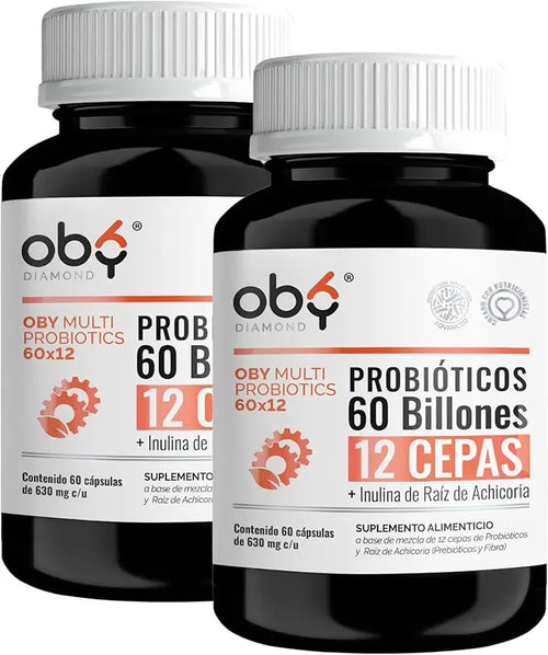 Oby MULTI Probioticos Avanzados 60 Billones 12 Cepas, Prebioticos y Fibra 120 Cápsulas oby.mx