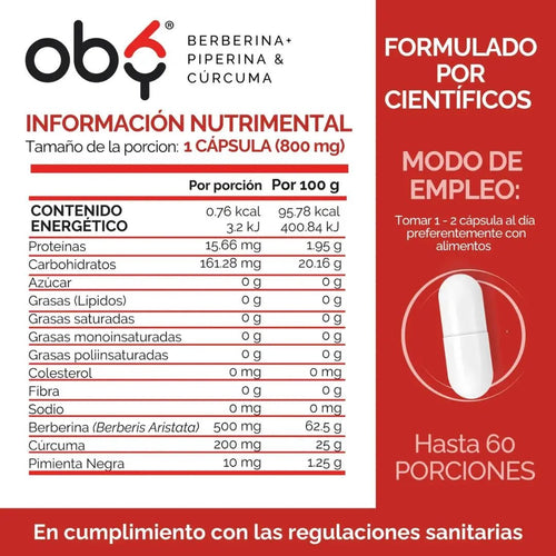 OBY Berberina Pura con Cúrcuma y Pimienta Negra | 60 cápsulas $̶6̶4̶9̶.̶0̶0̶ oby.mx