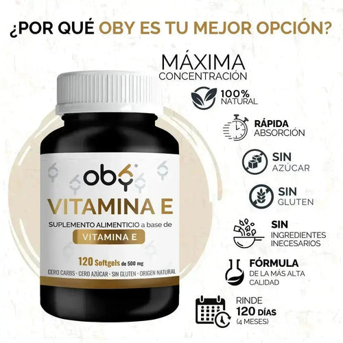 OBY Vitamina E | Vitaminas para mujer y hombre | 120 Softgels oby.mx