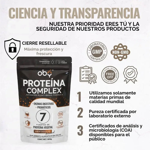Proteina Complex Chocolate Artesanal | 7 Fuentes vegetales + Probioticos + Enzimas | Alta Absorción y Digestión Ligera Sin Lácteos | Polvo Vegana oby.mx