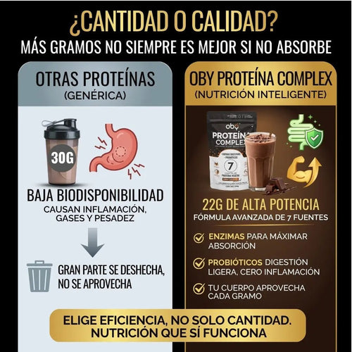 Proteina Complex Chocolate Artesanal | 7 Fuentes vegetales + Probioticos + Enzimas | Alta Absorción y Digestión Ligera Sin Lácteos | Polvo Vegana oby.mx