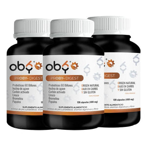 Pack de 3 frascos: Proby Digest | 60 billones Probioticos y Prebioticos inulina Agave, Enzimas, Fibra, Carbon Activado | 120 Cápsulas Fast Bundle