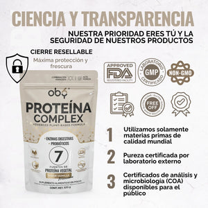 Proteina Complex Vainilla Mexicana | 7 Fuentes vegetales + Probioticos + Enzimas | Alta Absorción y Digestión Ligera Sin Lácteos | Polvo Vegana oby.mx
