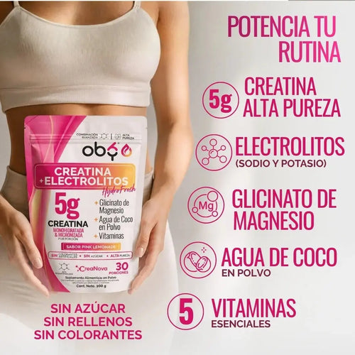 Creatina Monohidratada con Electrolitos | 100% Alta Pureza Micronizada | Glicinato de Magnesio + Vitaminas A, B12, C, D | Suplemento Alimenticio | Oby Pink Lemonade | 30 Porciones oby.mx