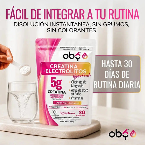 Creatina Monohidratada con Electrolitos | 100% Alta Pureza Micronizada | Glicinato de Magnesio + Vitaminas A, B12, C, D | Suplemento Alimenticio | Oby Pink Lemonade | 30 Porciones oby.mx