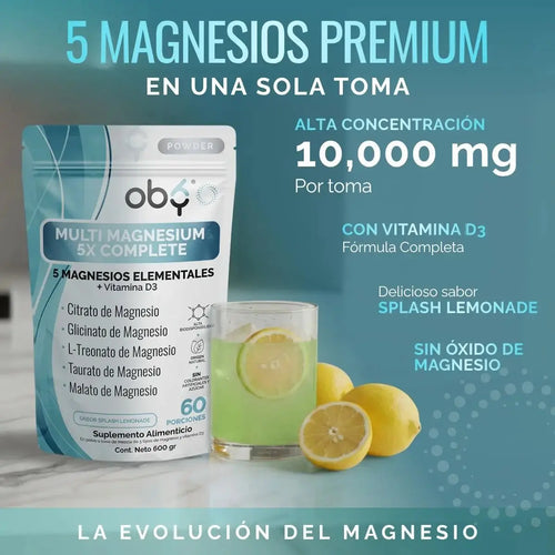 Magnesio Complex 5 Polvo | 5 Magnesios + Vitamina D3 |Sabor Lemonade | 600g oby.mx
