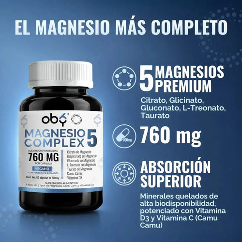 Magnesio Complex 5 OBY | 5 Tipos de Magnesios Premium | Alta Biodisponibilidad | 60 Cápsulas oby.mx