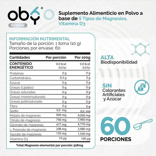 Oby Multi Magnesio Polvo 5X Complete 600 gr | 5 tipos de Magnesios + Vitamina D3 | Citrato y Glicinato oby.mx