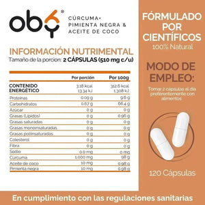 OBY Curcuma 1000 mg | Con Pimienta Negra y Aceite de Coco | 120 Cápsulas $̶4̶8̶9̶.̶0̶0̶ oby.mx